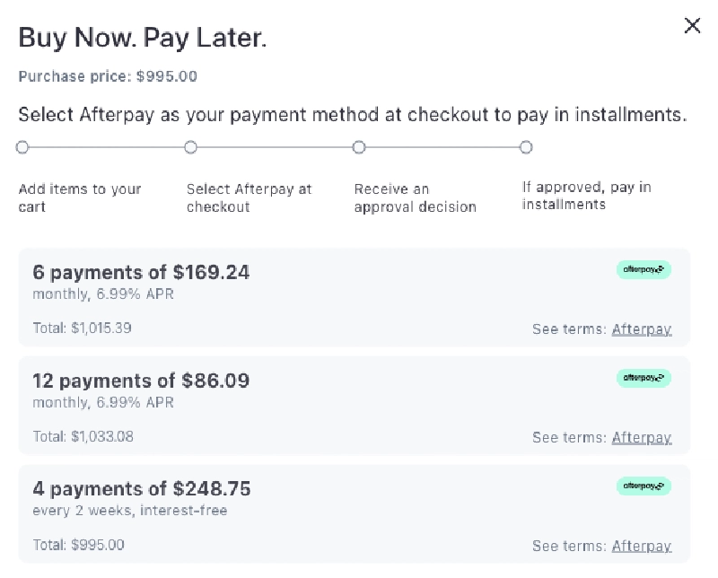 Now Accepting Payment Plans via Afterpay! Now Accepting Payment Plans via Afterpay!