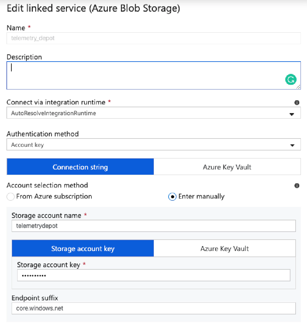 Linked connection to Azure Blob Storage account