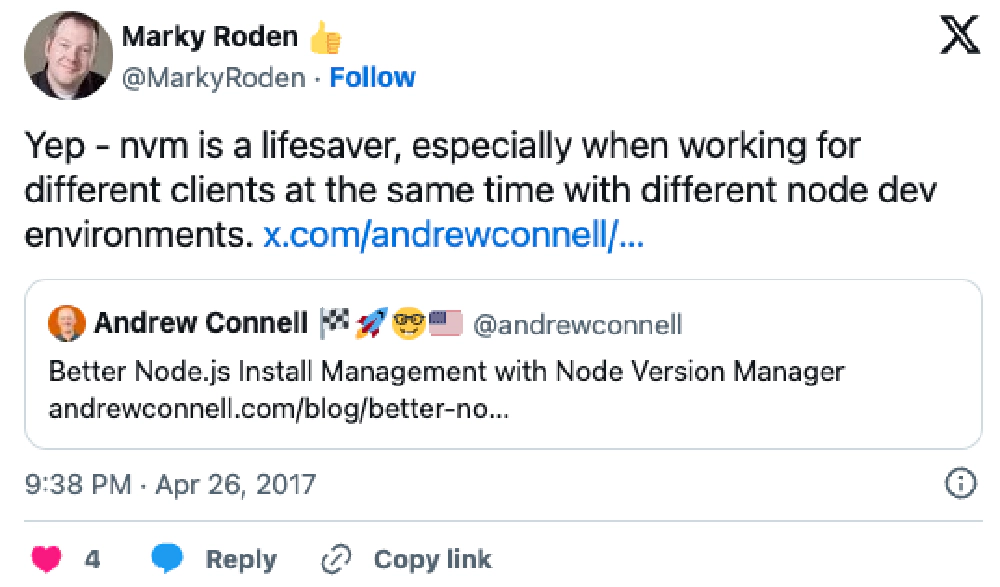 Screenshot of deleted tweet: 'Yep - nvm is a lifesaver, especially when working for different clients at the same time with different node dev environments.'