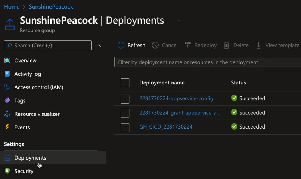 Deployments created from executing the Bicep file main.bicep from the workflow