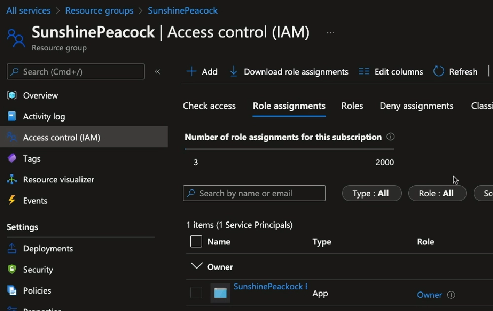 RBAC configuration granting the Entra ID app owner rights over the resource group