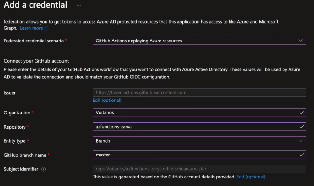 Configure a federated credential for an Entra ID app to trust a specific Github branch in a repository