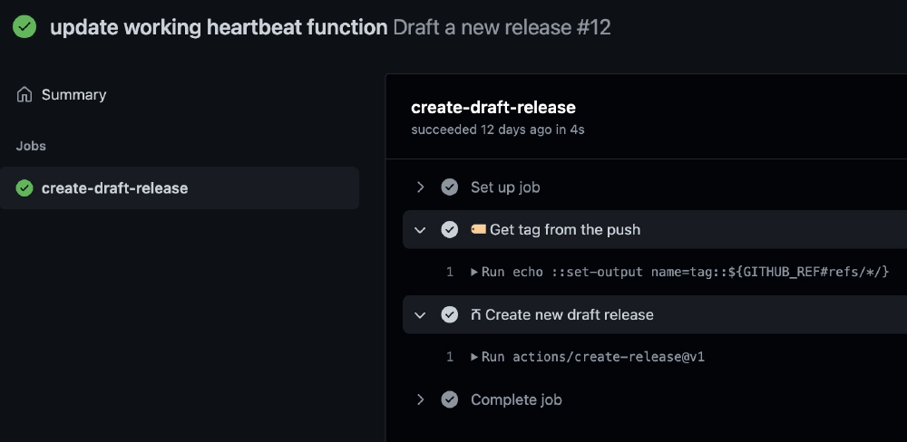 Results of pushing a tag to the master branch of the Github repository