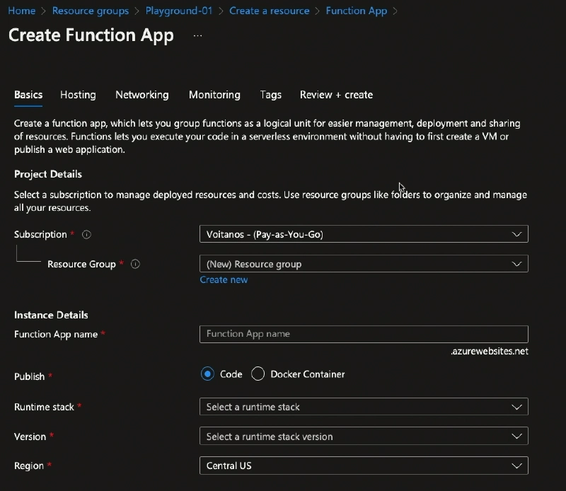 Azure Portal - create Azure Function App Azure Portal - create Azure Function App
