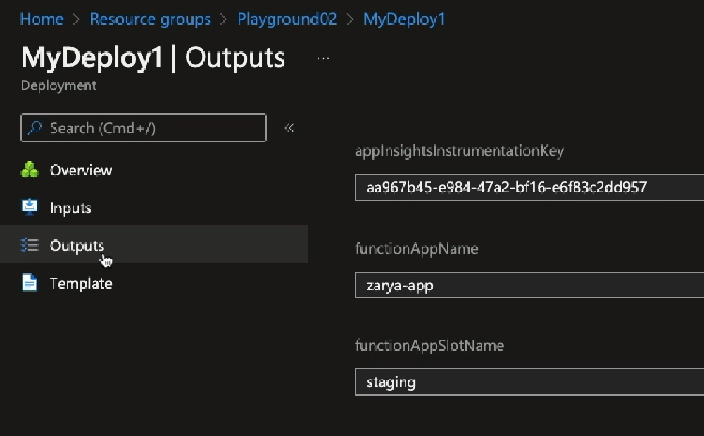 Azure Portal - deployment outputs