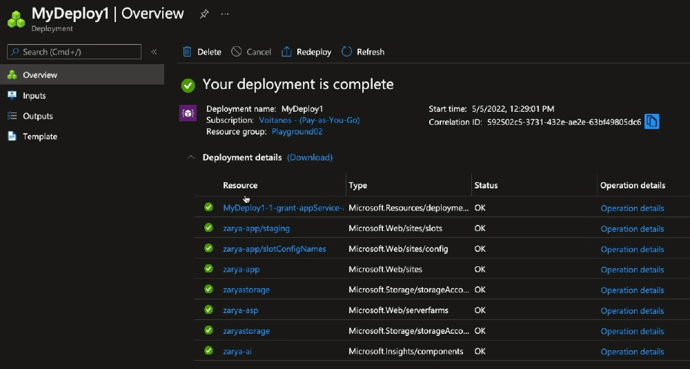 Azure Portal - deployment summary