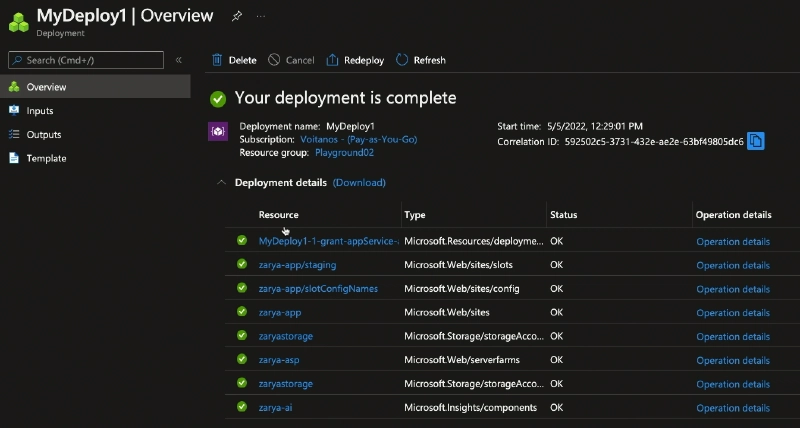 Azure Portal - deployment summary Azure Portal - deployment summary