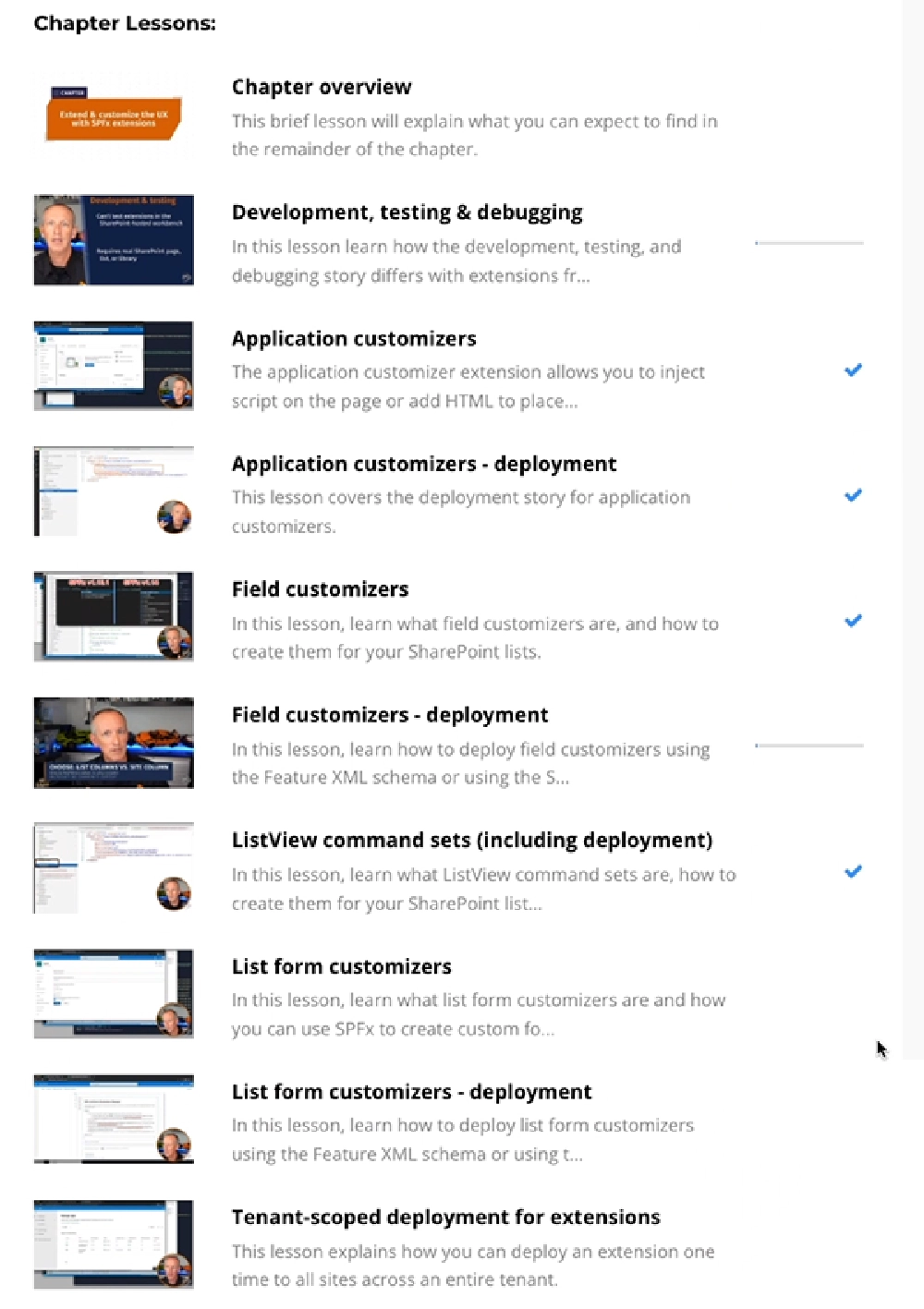 Lesson list from the 'Customize the user experience with SharePoint Framework extensions' chapter
