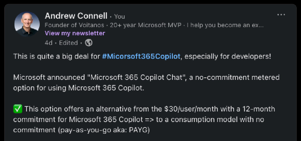 "Microsoft 365 Copilot Chat Pricing could be a huge win for Microsoft 365 full-stack developers!"