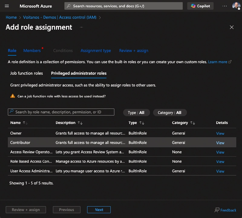 Select the Contributor role to grant a user in your Azure Subscription Select the Contributor role to grant a user in your Azure Subscription