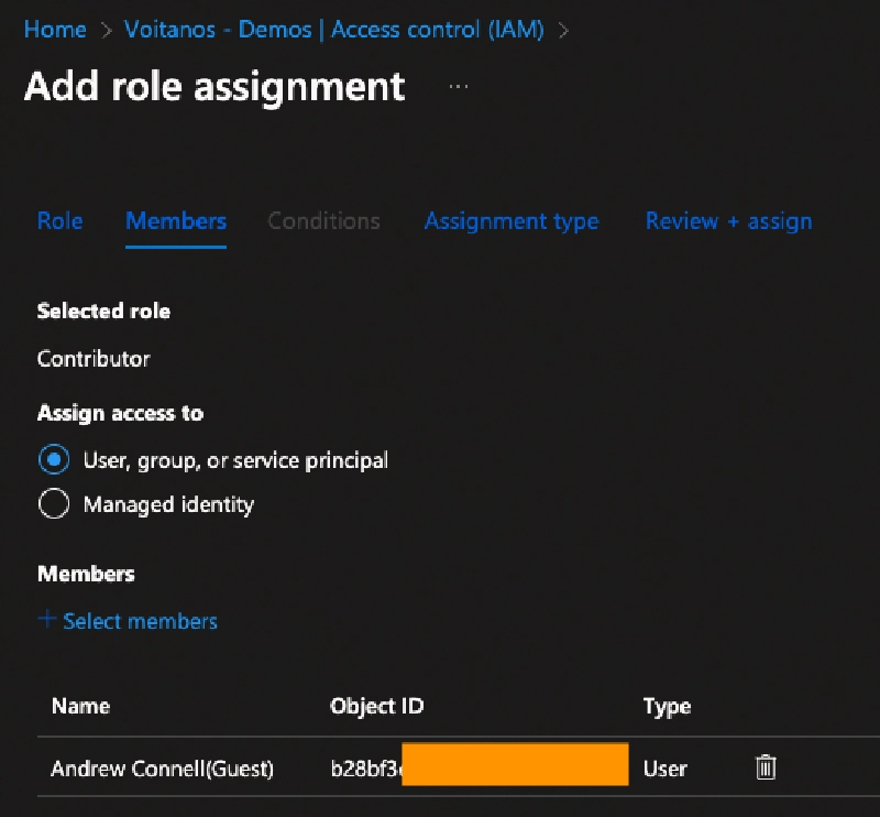 Select user to grant the Contributor role to a user Select user to grant the Contributor role to a user