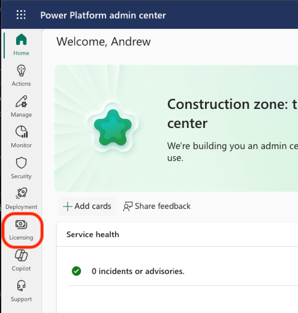 Select Licensing from the Power Platform admin center menu