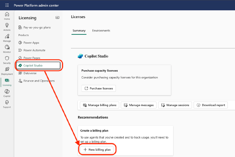 Select Copilot Studio to add a new billing plan