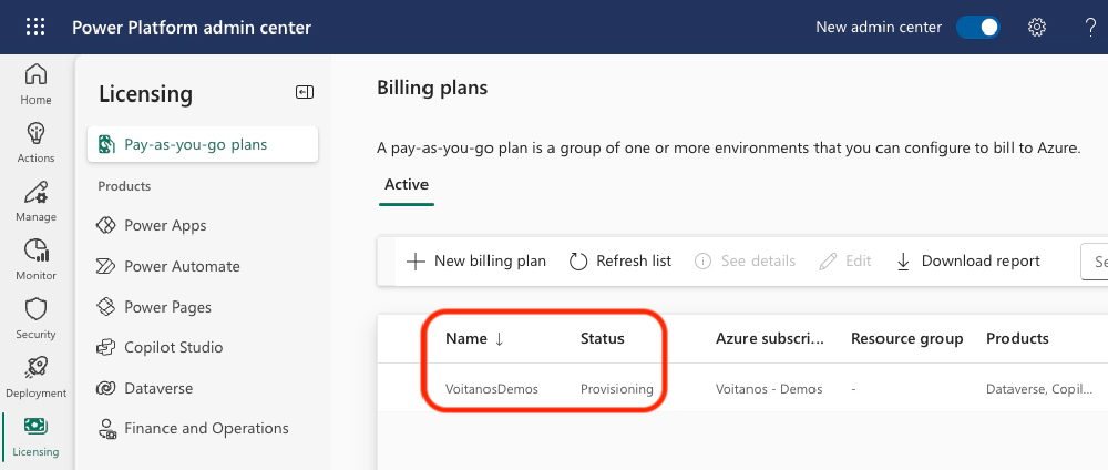 Confirm the new billing plan is provisioning