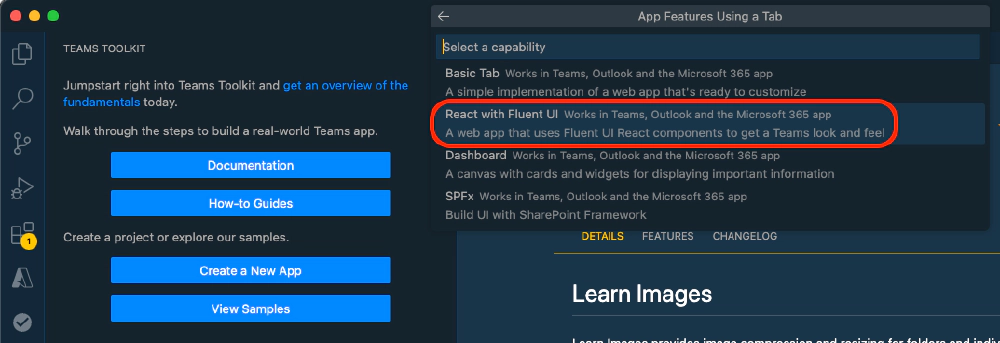 TTK > Create a New App > Tab > React with Fluent UI