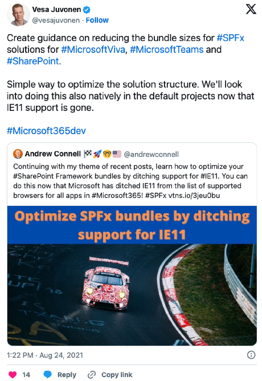 Screenshot of deleted tweet: 'Create guidance on reducing the bundle sizes for #SPFx solutions for #MicrosoftViva, #MicrosoftTeams and #SharePoint. Simple way to optimize the solution structure. We'll look into doing this also natively in the default projects now that IE11 support is gone. #Microsoft365dev'