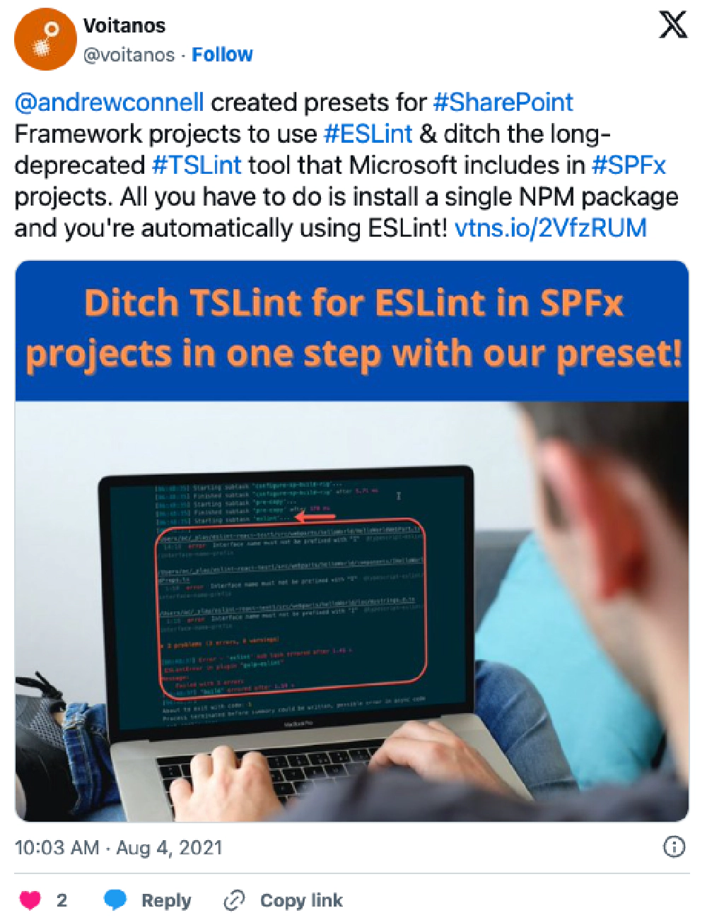 Screenshot of deleted tweet: '@andrewconnell created presets for #SharePoint Framework projects to use #ESLint & ditch the long-deprecated #TSLint tool that Microsoft includes in #SPF projects. All you have to do is install a single NPM package and you're automatically using ESLint! https://vtns.io/2VfzRUM'