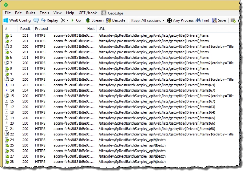 Fiddler trace of SharePoint Batch requests Fiddler trace of SharePoint Batch requests