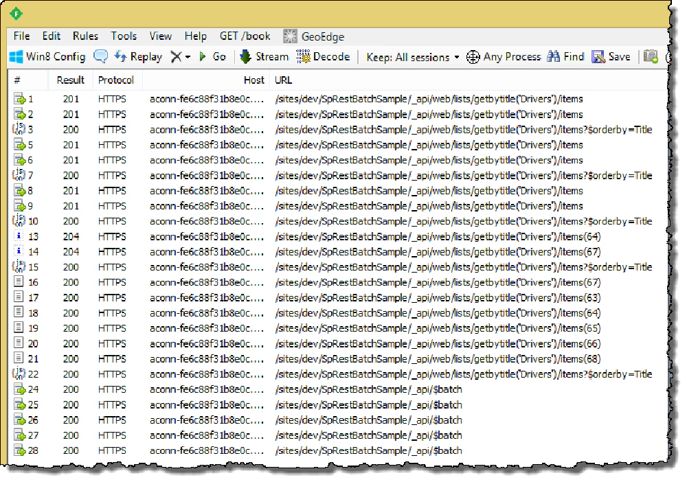 Fiddler trace of SharePoint Batch requests