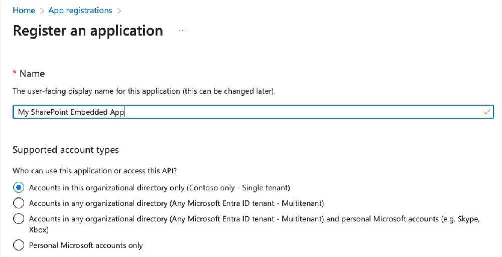 Create a new single-tenant Microsoft Entra ID application