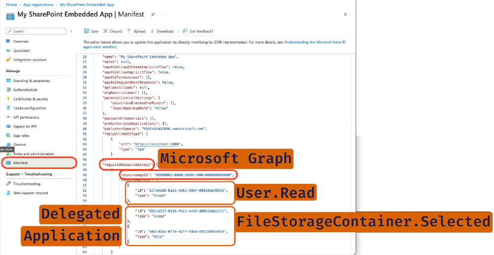 Manually adding app-only (application) & app+user (delegated) FileStorageContainer.Selected to Microsoft Graph