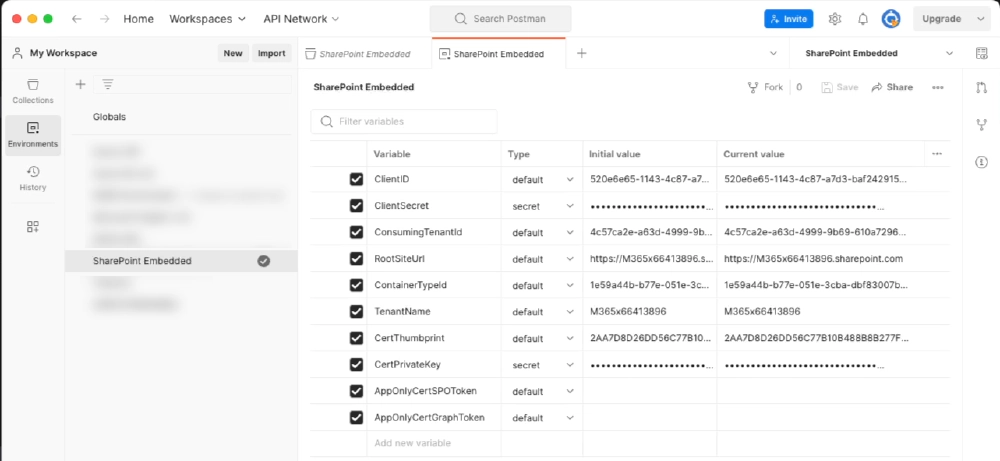 Postman environment values for the SharePoint Embedded collection