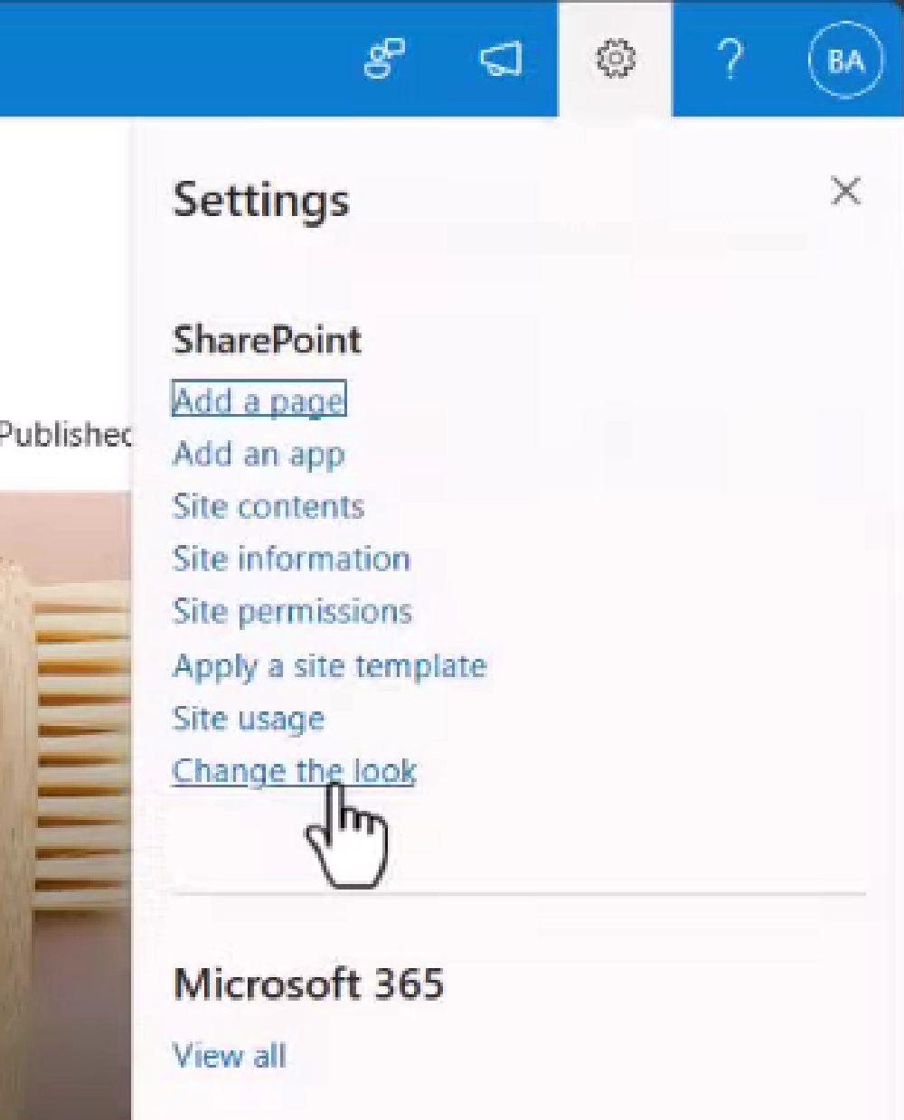 SharePoint settings menu