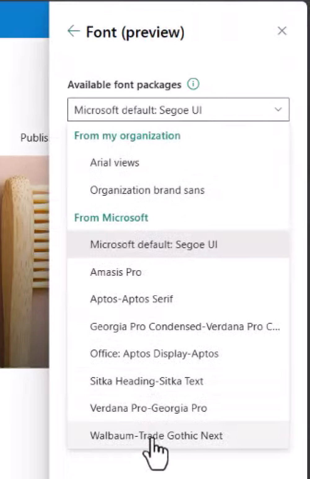 SharePoint setting Font (preview) panel