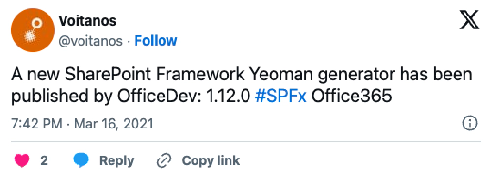 Screenshot of deleted tweet: 'A new SharePoint Framework Yeoman generator has been published by OfficeDev: 1.12.0 #SPFx Office365'