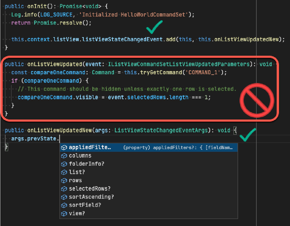 Figure 4: Comparing the old vs. the new way of handling list view events to get additional context