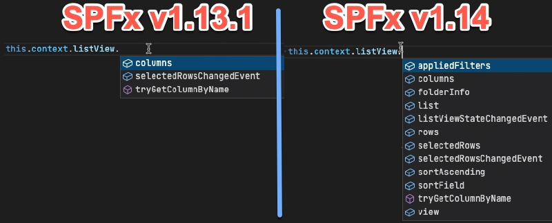 Figure 3: Comparing how many new properties exist on the context.listView property from SPFx v1.13.1 & SPFx v1.14 Figure 3: Comparing how many new properties exist on the context.listView property from SPFx v1.13.1 & SPFx v1.14
