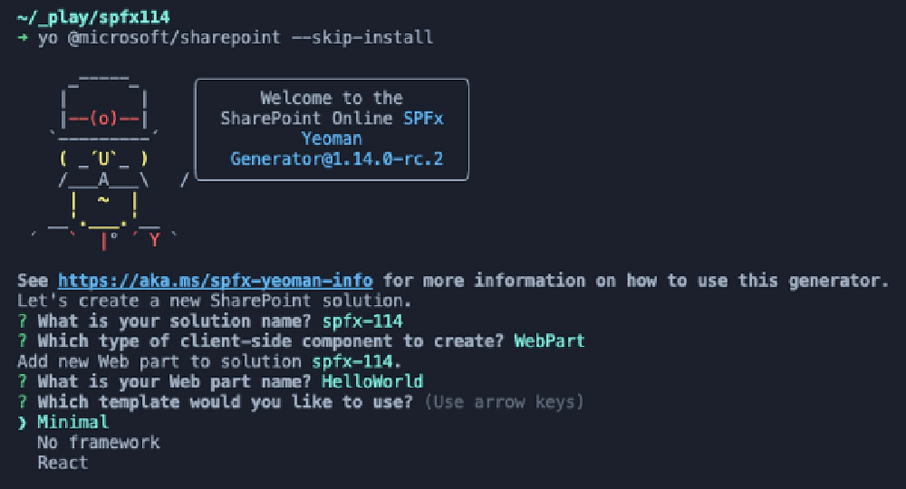 Figure 2: Updated SPFx generator prompts & template options