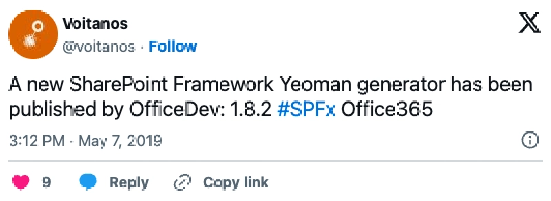 Screenshot of deleted tweet: 'A new SharePoint Framework Yeoman generator has been published by OfficeDev: 1.8.2 #SPFx #Office365' Screenshot of deleted tweet: 'A new SharePoint Framework Yeoman generator has been published by OfficeDev: 1.8.2 #SPFx #Office365'