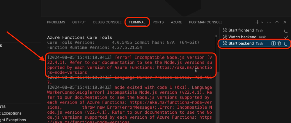 Azure Functions Core Tools Error