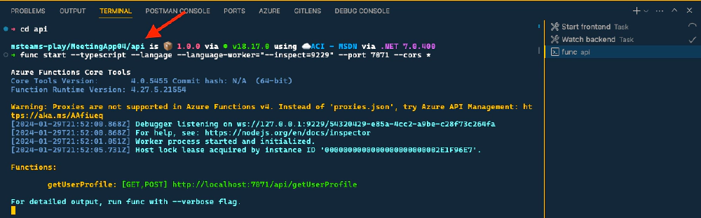 Manually starting the Azure Functions Core Tools under the zsh shell