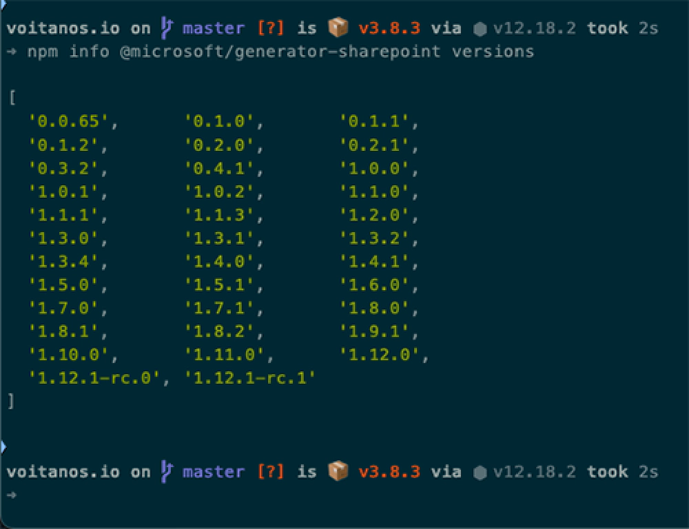 Output from npm INFO VERSIONS