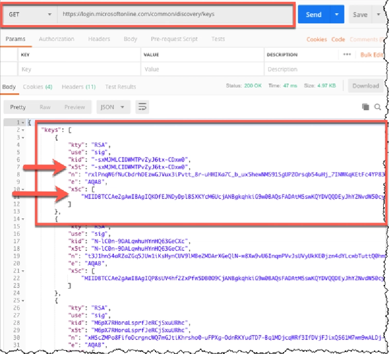 JWKS endpoint response in Postman with arrows highlighting the kid, x5t, and x5c properties JWKS endpoint response in Postman with arrows highlighting the kid, x5t, and x5c properties