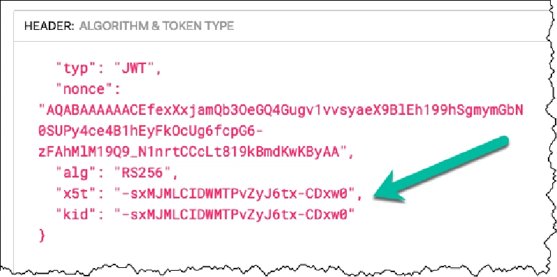 JWT token header decoded on jwt.io showing the kid and x5t properties JWT token header decoded on jwt.io showing the kid and x5t properties