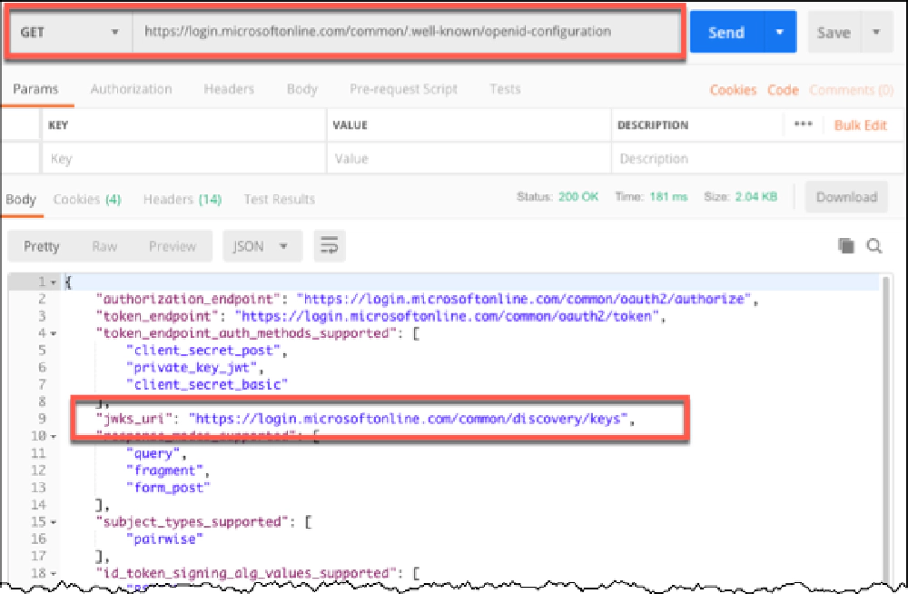 Results of a request for the OpenID configuration with Postman