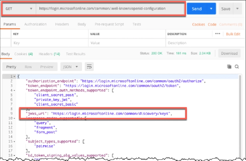 Results of a request for the OpenID configuration with Postman Results of a request for the OpenID configuration with Postman